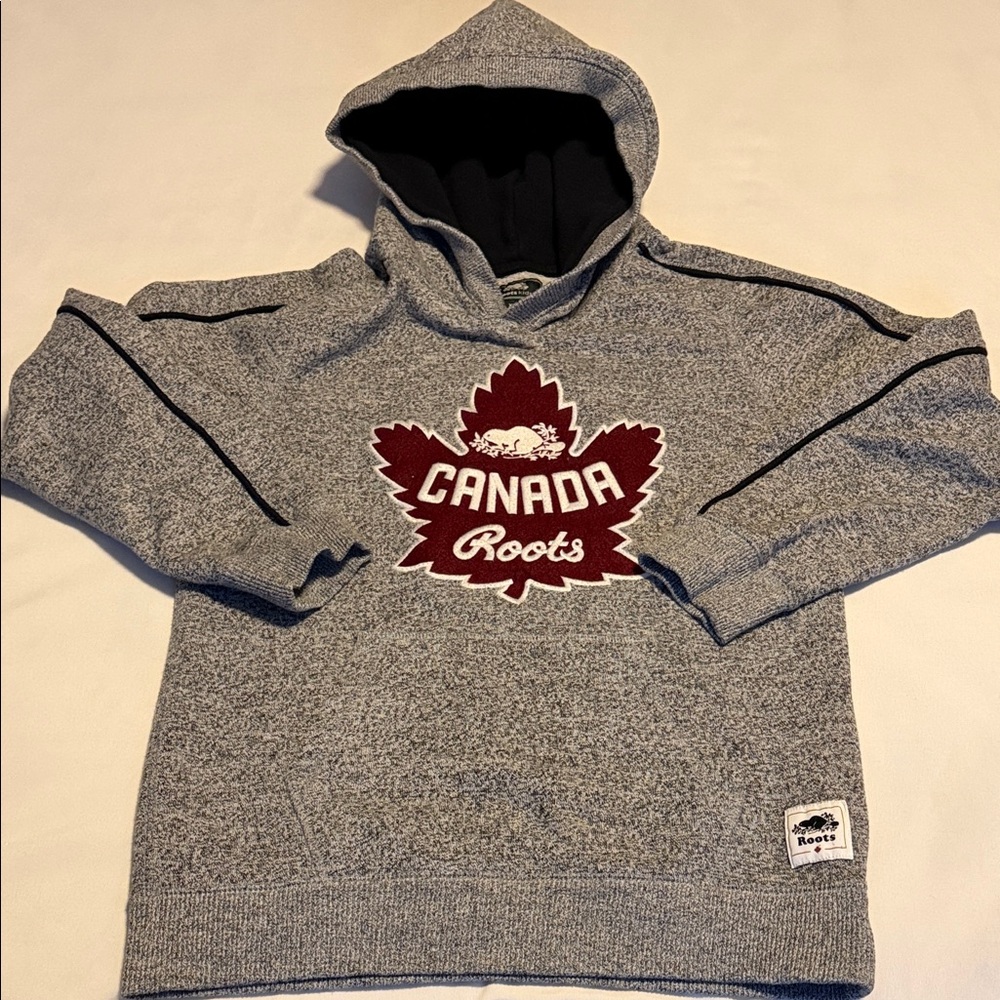 Roots Kids Heather Gray Hoodie with Burgundy Leaf Design